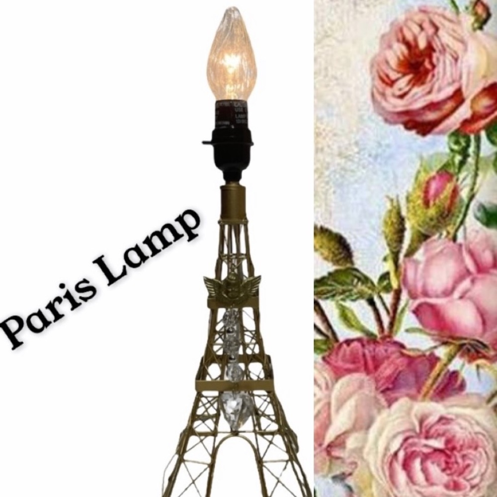 Vintage Lamp Paris Eiffel Tower Lovers Light Angel Tabletop Office Ornate Gold